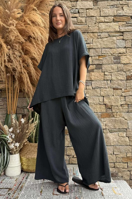 Pure Cotton Santos Keyhole Drape Back Top Charcoal - 